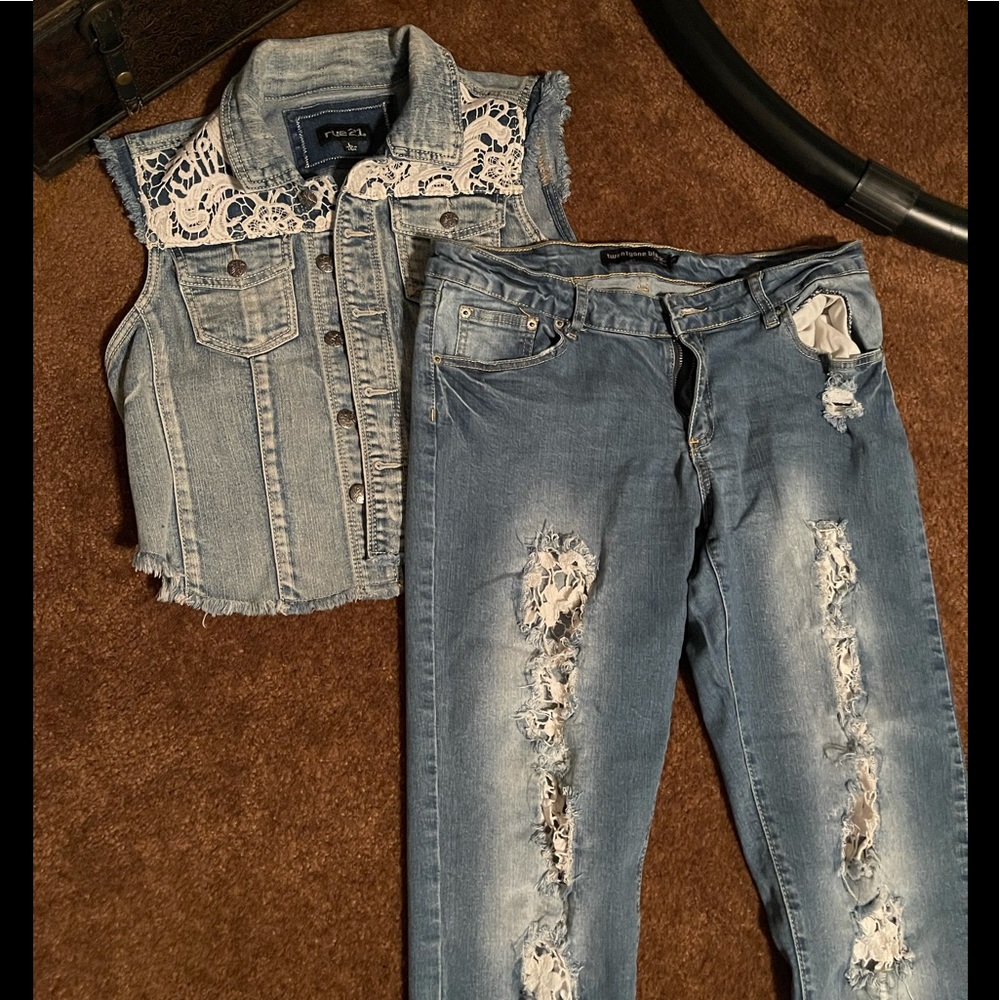 Denim vest and jeans